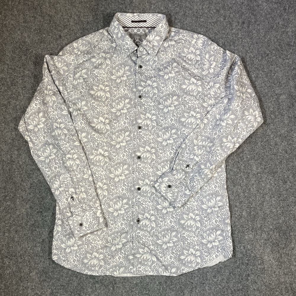 Ted Baker London Floral Button Down Shirt Mens Size 4 Grey White  Long Sleeve